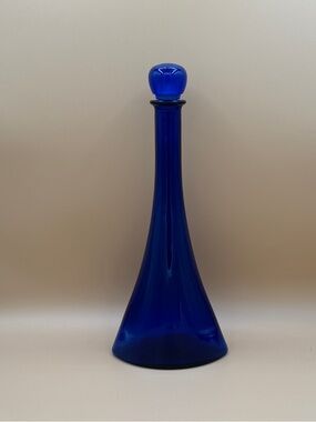 MCM Cobalt Blue Art Glass Decorative Marquise Shaped Decanter 12.5” w/Stopper